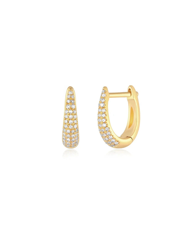 The ef collection Diamond Mini Maeve Huggie Earrings feature a tapered teardrop design in 14k yellow gold, accented with sparkling diamonds along the front, shown on a plain white background.