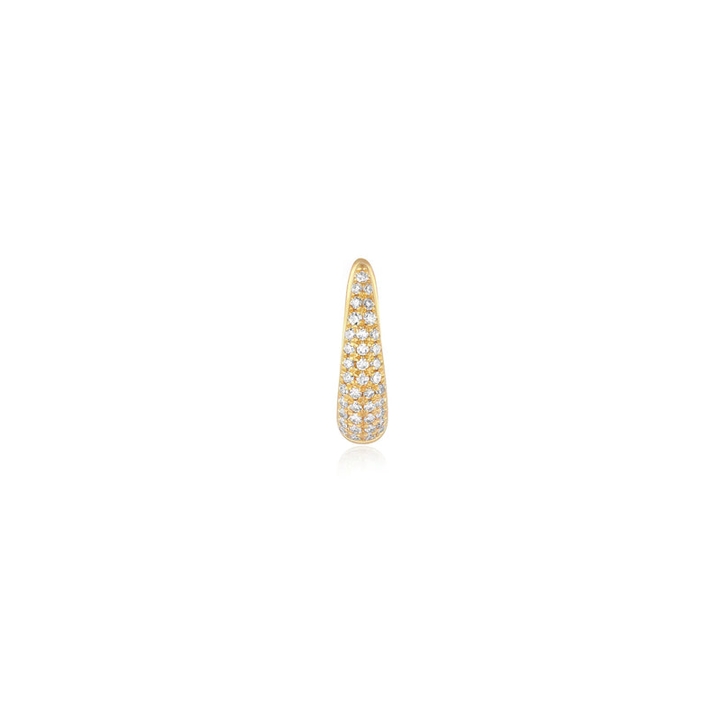 The Diamond Mini Maeve Huggie Earring by ef collection features a single, tapered teardrop hoop in 14k yellow gold adorned with sparkling white diamonds, shown on a plain white background.