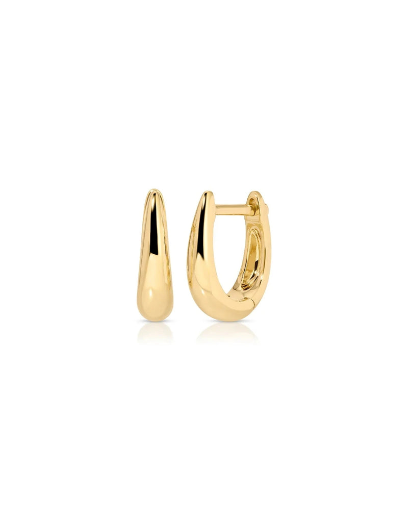 The ef collection Gold Mini Maeve Huggie Earrings feature shiny 14k yellow gold in a smooth, rounded, slightly tapered teardrop hoop design, shown against a plain white background.