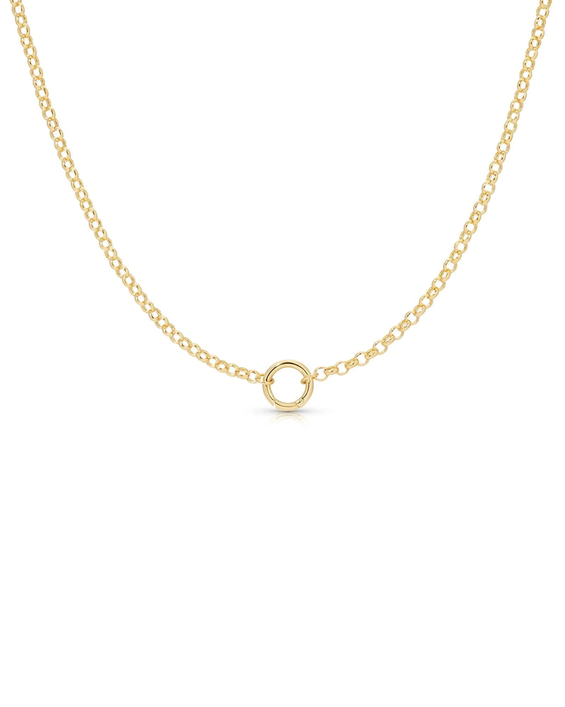 The ef collection Rolo Chain Enhanced Necklace features a delicate gold chain with a simple circle pendant, shown on a white background—an elegant piece that pairs beautifully with teardrop hoops or pavé huggie earrings.