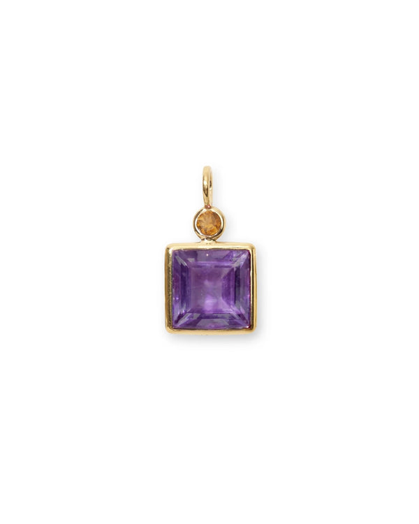 Square 14k Gold Necklace Charm in Citrine & Amethyst