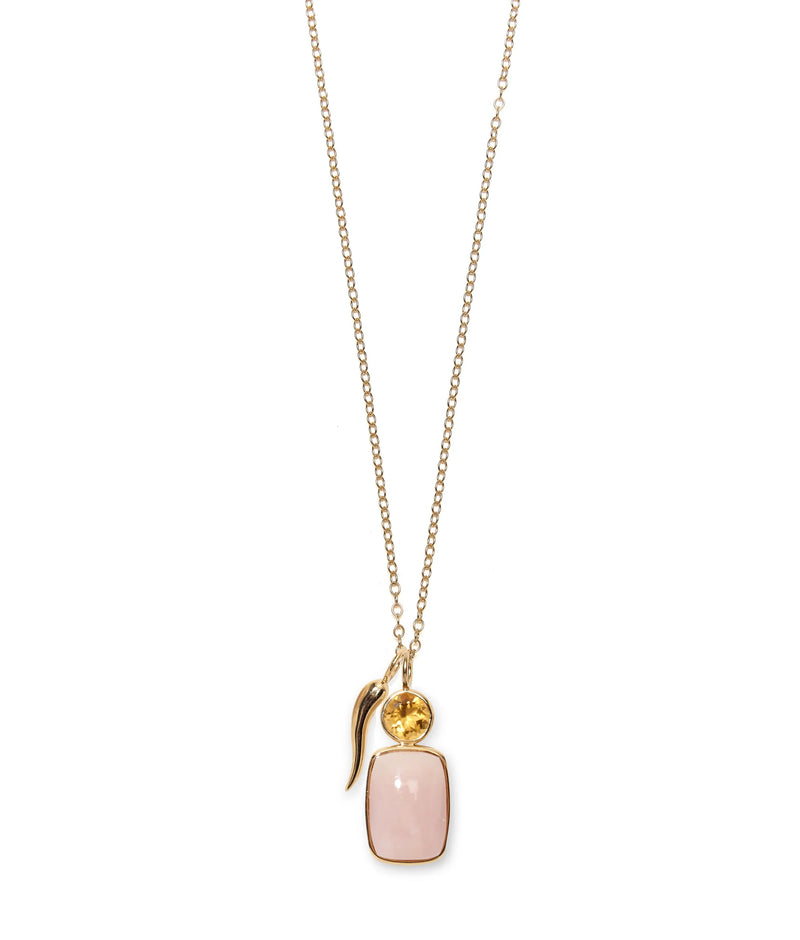 Stacked Oblong 14k Gold Necklace Charm in Citrine & Pink Opal Cabochon