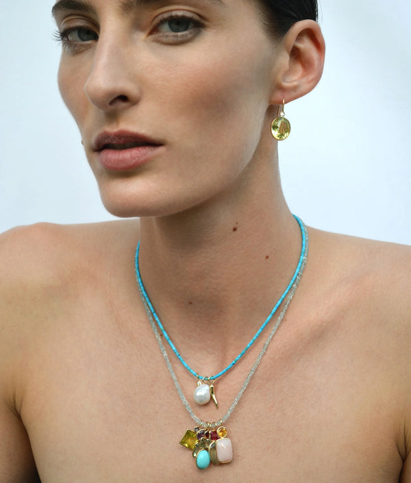 Stacked Oblong 14k Gold Necklace Charm in Citrine & Pink Opal Cabochon