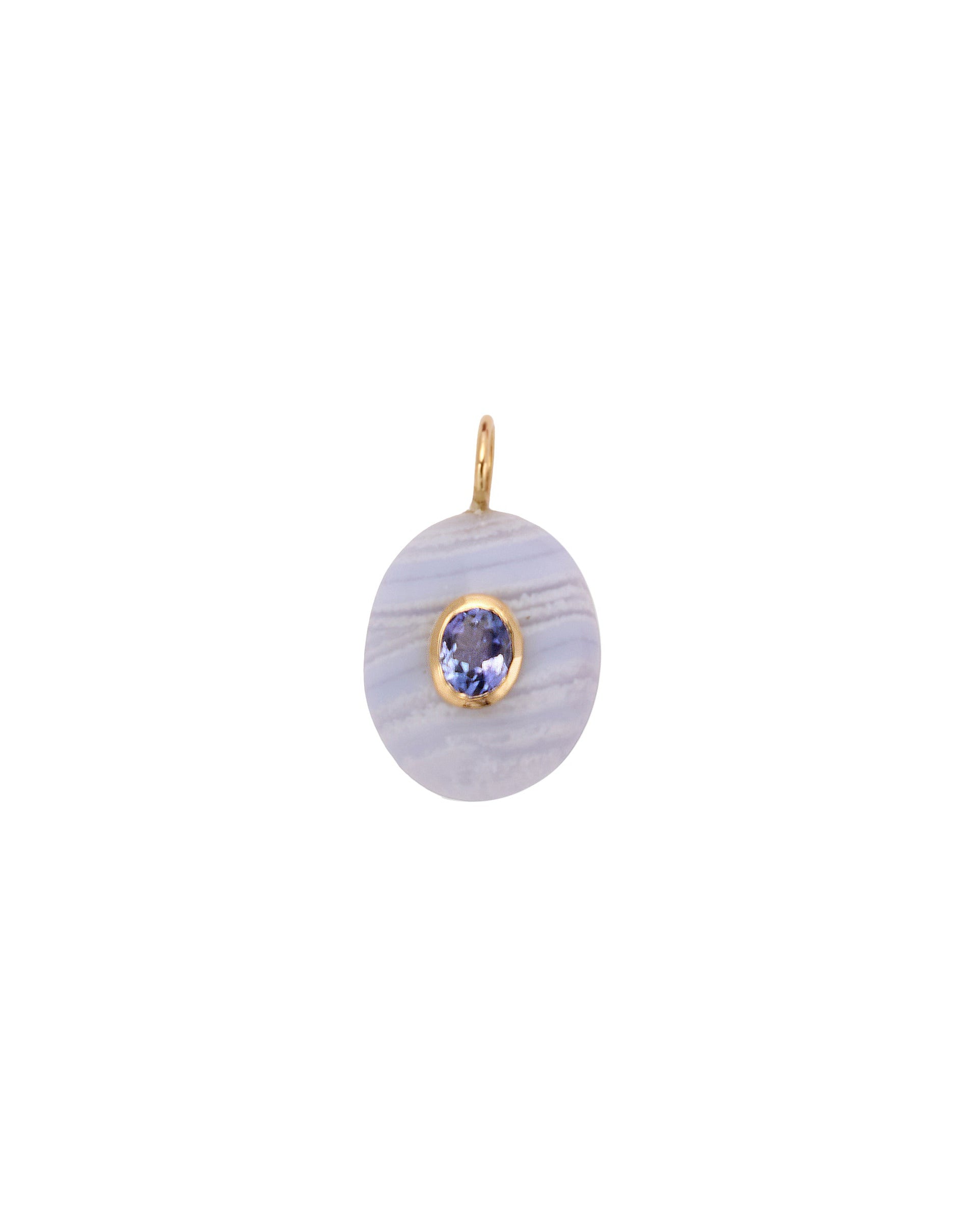 Blue Lace Agate Oval & Tanzanite 14k Gold Necklace Charm