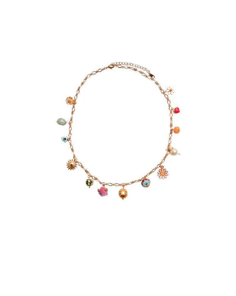 The Grigri Chain Short by Monoki is a gold-plated necklace featuring handcrafted charms—colorful beads, pearls, and floral shapes—evenly spaced along the chain and shown on a white background.