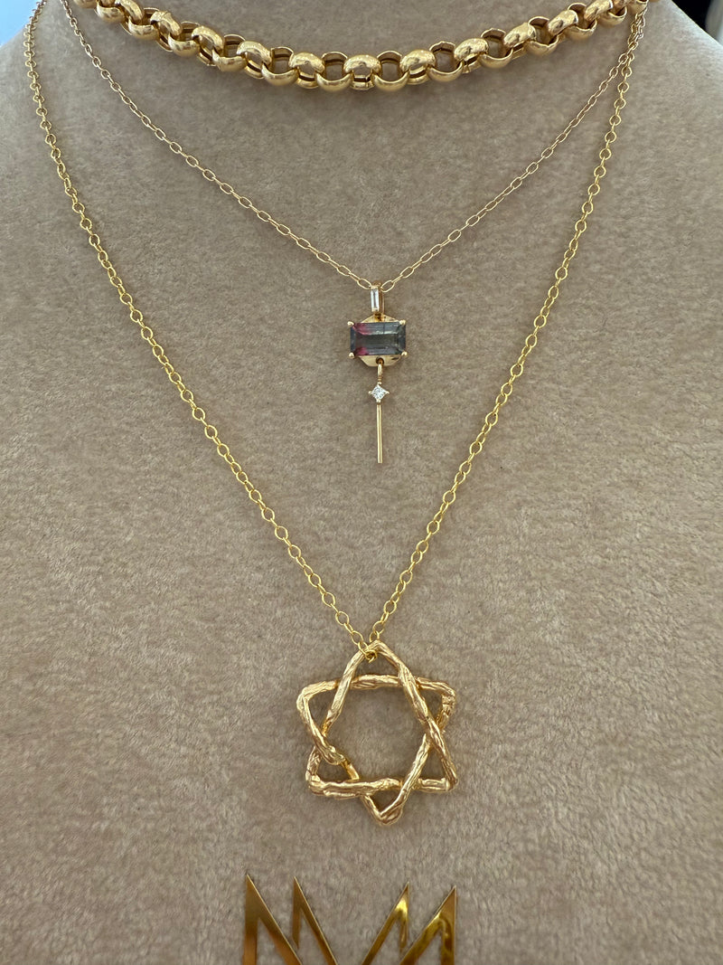 Tourmaline baguette and dangling diamond necklace