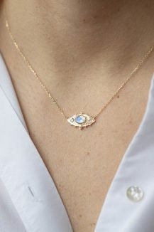 MOONSTONE MARQUISE EYE AND DIAMONDS GOLD PLATE CHAIN NECKLACE