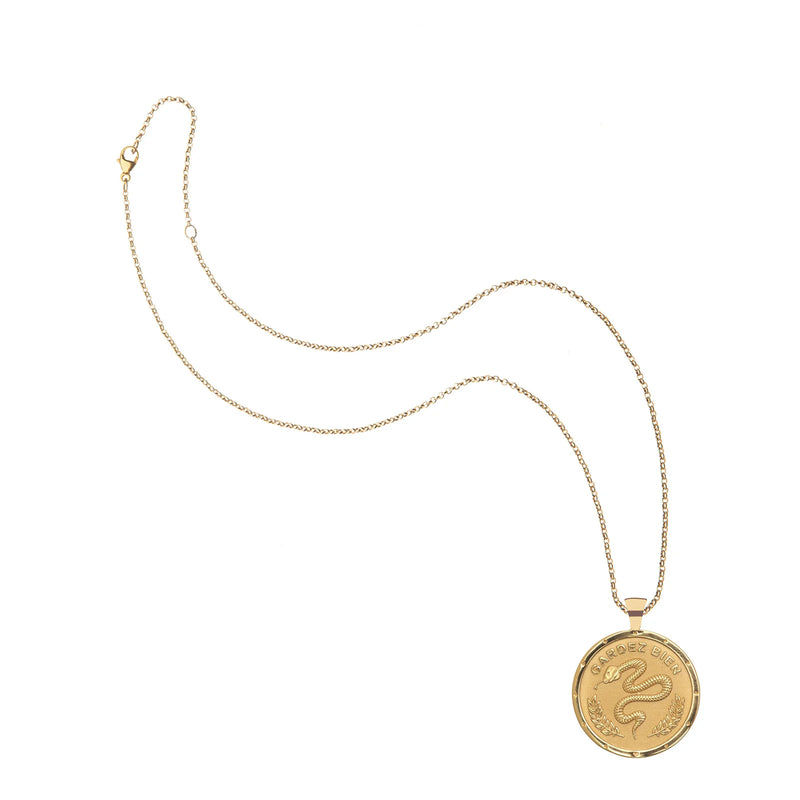 The Jane Win Protection Coin Pendant necklace features a fine chain and a bold round pendant with an intricate snake design and engraved edge text, beautifully displayed on a white background.