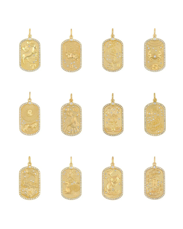 Twelve ef collection Diamond Zodiac Charms in 14k yellow gold, each featuring a unique zodiac symbol and clear stone border, are arranged in three rows on a white background.