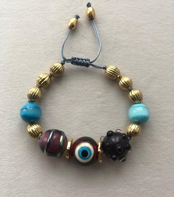 One-of-a-kind Glass Eye Bracelet Gold and Blue