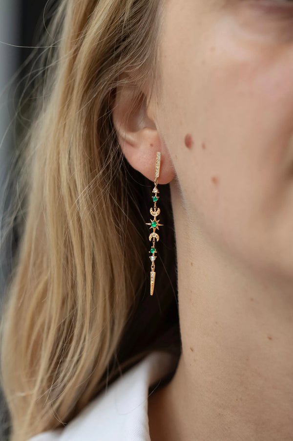 EMERALDS & ROSE CUT DIAMONDS LONG STELLAR EARRINGS