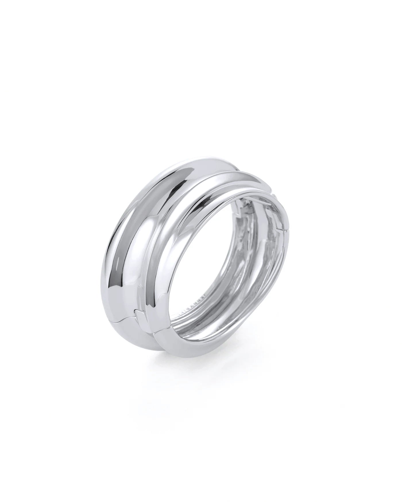 The Jenny Bird Mega Lennon Bangle features a modern double-band design in polished silver, with smooth, rounded edges and a shiny reflective finish, echoing the elegance of a custom bracelet.
