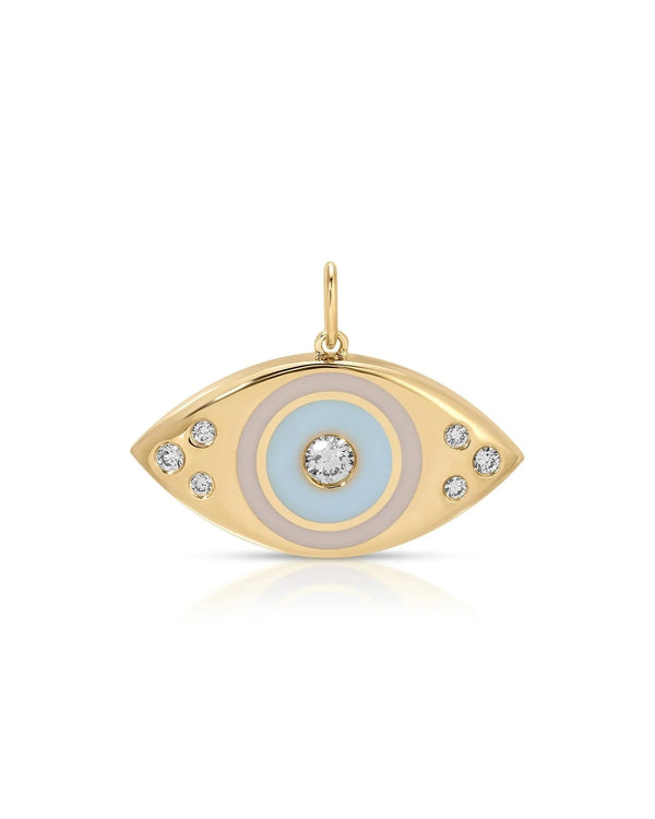 The Jumbo Evil Eye Protection Charm by ef collection features concentric blue and white enamel circles, a central diamond, six accent diamonds on the edges, and hangs from a classic gold toggle necklace.