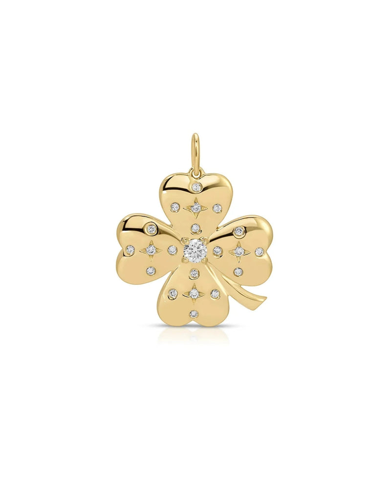 The ef collection Jumbo Lucky Clover Charm features a gold four-leaf clover design with small, round ethically sourced diamonds on each leaf and a central diamond, shown on a plain white background.