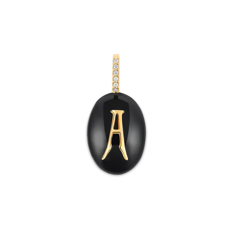 Discover the Small Oval Cabochon Monogram Charm from Kate Collins Jewelry. This piece features a black oval pendant with a gold A, a bail encrusted in sparkling stones, and a minimalist design, enhanced by a gold extender clasp for versatile wear.