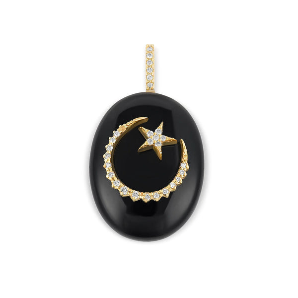 The Kate Collins Jewelry Large Oval Cabochon Charm-Moon & Star pendant features a black onyx base with a gold and diamond crescent moon and star design. The 14k gold bail is also decorated with dazzling diamonds, creating an enchanting look.