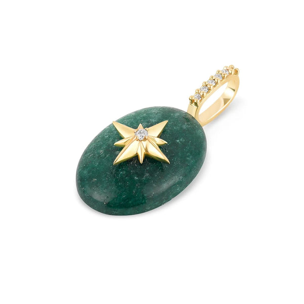 The Small Oval Cabochon Charm-Starburst by Kate Collins Jewelry features an oval-shaped green aventurine stone pendant with a gold star design and central diamond. The 14k gold bail is elegantly adorned with small diamonds.