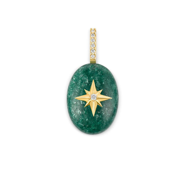 The Small Oval Cabochon Charm-Starburst by Kate Collins Jewelry is a green jade pendant featuring a gold star design with a diamond center, attached to an elegant 14k gold bail adorned with sparkling diamonds.