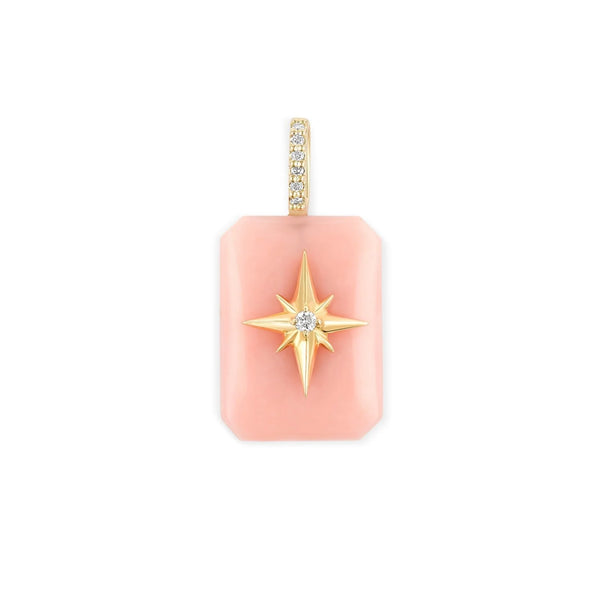 Kate Collins Jewelrys Emerald Cut Cabochon Charm-Starburst exudes elegance with its rectangular pink opal, gold starburst design around a small diamond, and a refined 14k gold bail adorned with tiny diamonds.