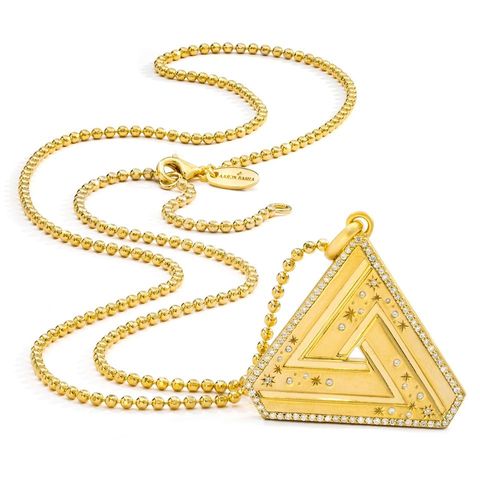 Introducing the stunning Large Abracadabra Triangle Series 5 necklace by Aaron Basha: This 18K gold-plated piece features a triangular pendant with geometric designs and star engravings. The round bead chain includes a clasp, and its polished finish and intricate details evoke personal empowerment.