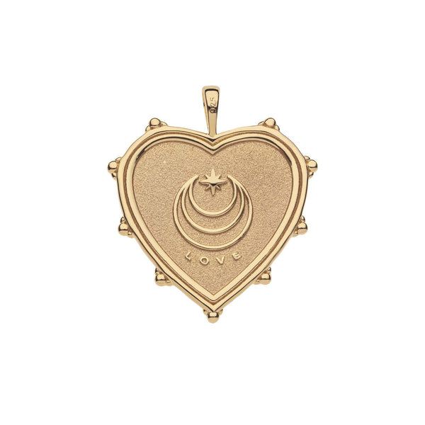 The LOVE JW Quatrefoil Heart Pendant by Jane Win is a 14k gold-plated necklace featuring a central design of a crescent moon and star, with the word LOVE engraved below. The edge of this exquisite pendant is adorned with small spherical accents.