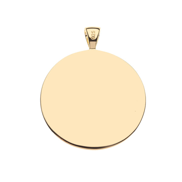 The Jumbo LOVE Pendant by Jane Win is a circular, shiny pendant in 14k gold plated sterling silver, featuring a polished surface and a small loop for easy chain attachment. Engraved with 925 near the loop, it’s perfect for personalized engraving.