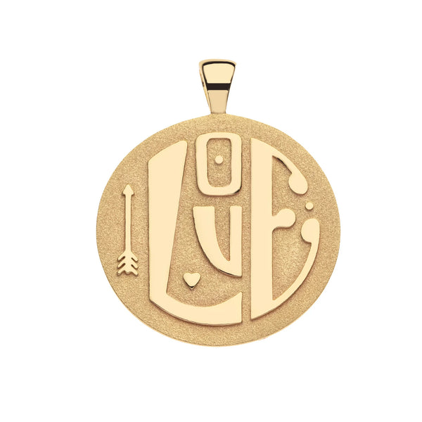 The Jumbo LOVE Pendant by Jane Win features 14k gold plating with LOVE in stylized letters, an arrow, and a heart. This round, engravable piece embodies timeless elegance and sentiment.