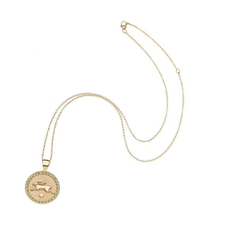 The LUCKY Rabbit JW Small Embellished Pendant Coin by Jane Win features a gold necklace with a round pendant engraved with a dolphin design, bordered by small peridot stones. A delicate and thin chain adds subtle elegance to this piece.