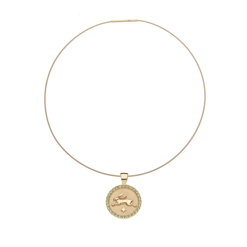 The Jane Win LUCKY Rabbit JW Small Embellished Pendant Coin features a gold necklace with a round pendant adorned by Peridot stones, elegantly hanging on a thin chain with an engraved map of Africa.