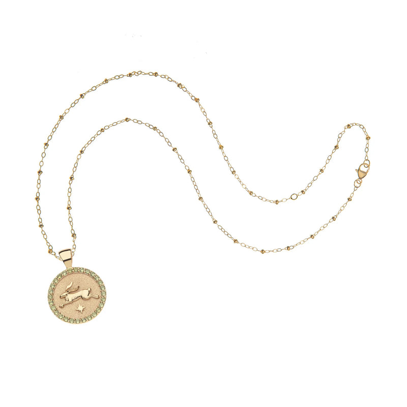 A gold necklace from Jane Win features a round sterling silver pendant adorned with a dolphin and wavy lines, surrounded by light green peridot stones. The delicate chain comprises small, evenly spaced links with a clasp on one side. Product: LUCKY Rabbit JW Small Embellished Pendant Coin.