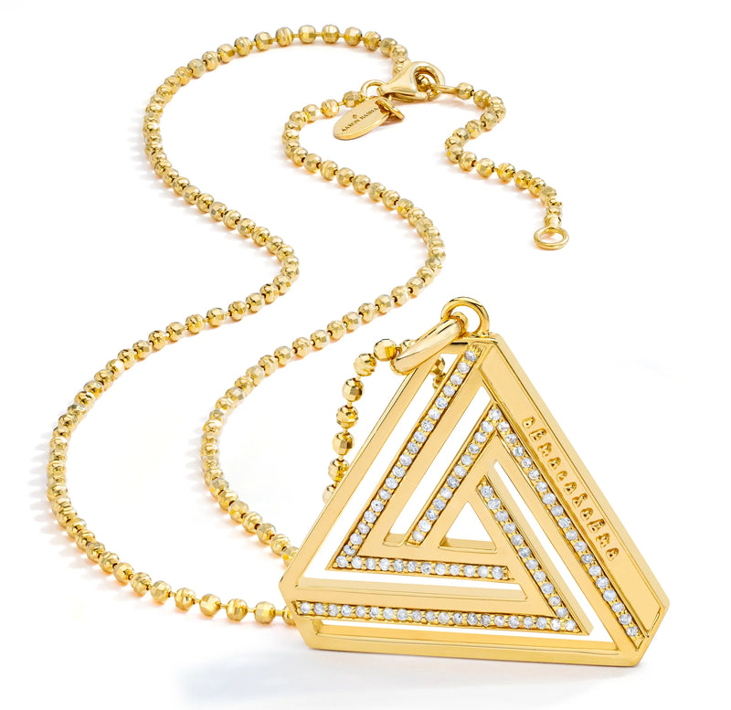 Discover Aaron Bashas Large Abracadabra Triangle Series 4 necklace, symbolizing empowerment with a geometric pendant of layered triangles adorned with small crystals and crafted in 18K gold plating. An adjustable clasp and small gold beads complete this enchanting accessory.