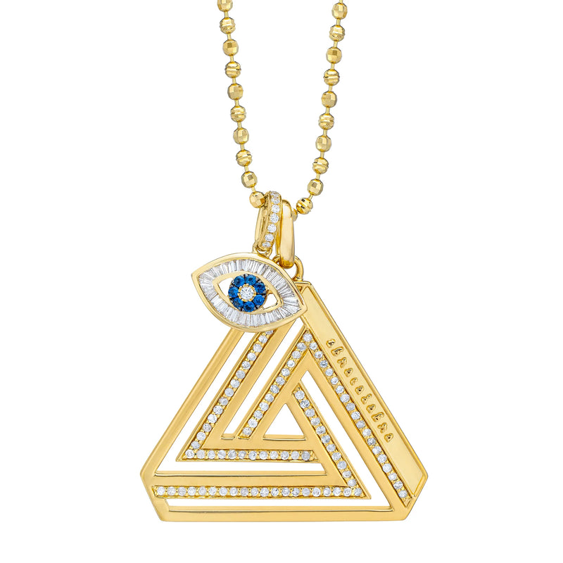 The Aaron Basha Large Abracadabra Triangle Series 4 necklace features a triangular pendant with geometric cutouts, small crystals for empowerment, and a striking blue and white eye design. Its complemented by a chain of gold balls, all crafted with radiant 18K gold plating.