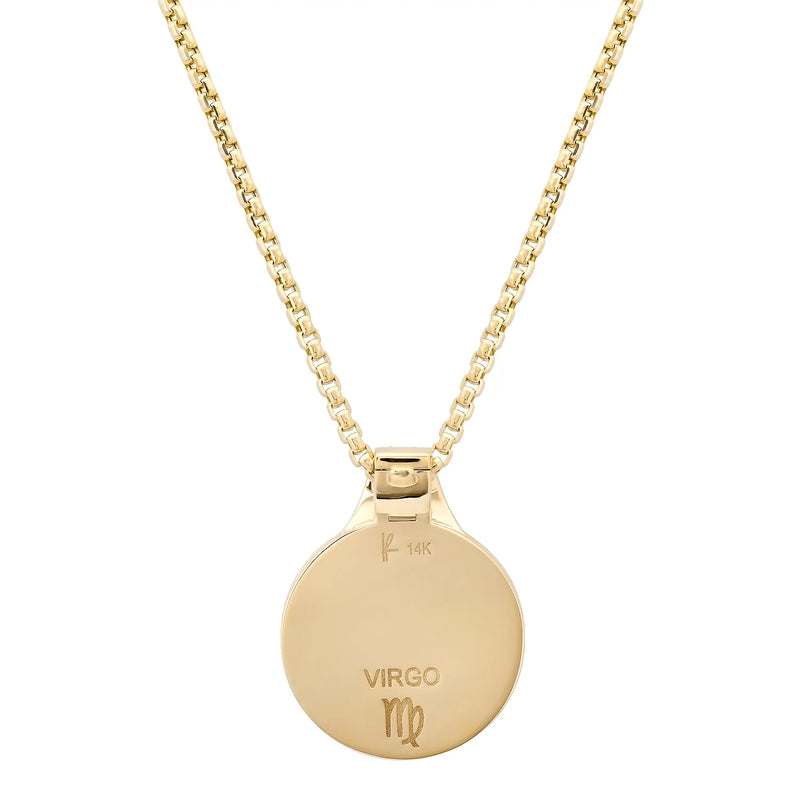 The Helena Rose Zodiac Medallion Necklace is a 14k gold piece with a round pendant engraved with VIRGO and its symbol, plus a “14K” quality mark.