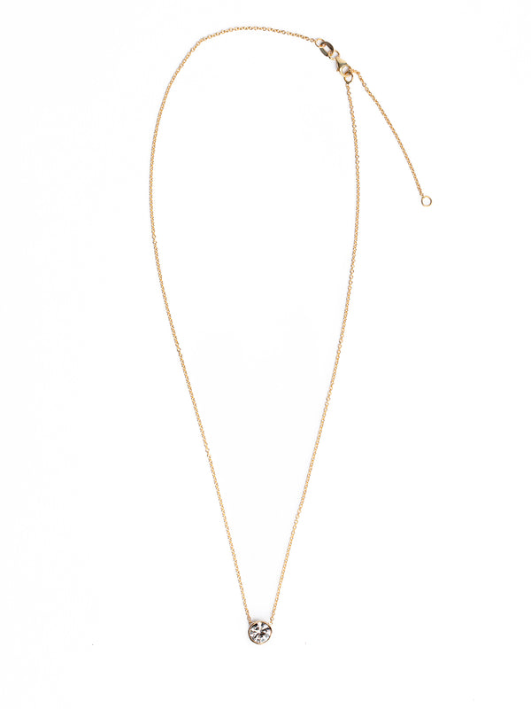 The Lab Grown Small Gold Bezel Necklace by Monarch Market features a delicate chain and a circular diamond pendant at the center, with the clasp visible at the top, displayed against a white background.