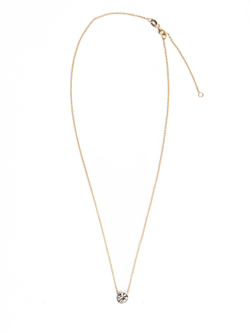 The Lab Grown Small Gold Bezel Necklace by Monarch Market features a delicate chain and a circular diamond pendant at the center, with the clasp visible at the top, displayed against a white background.