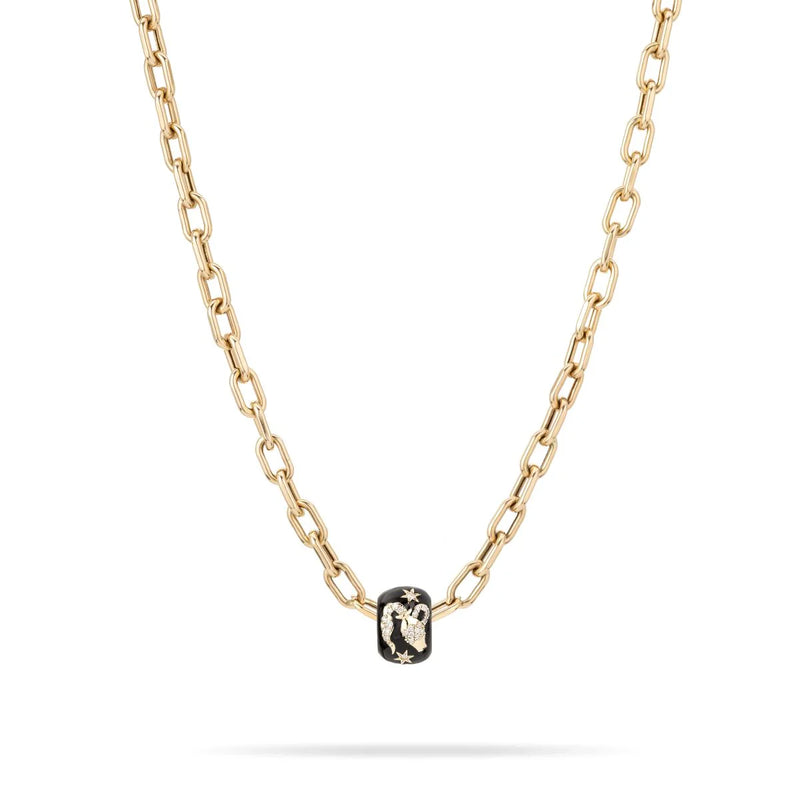 The Adina Reyter Zodiac Ceramic + Diamond Aquarius Big Bead necklace features elongated gold links and a central black ceramic bead with diamond accents, displayed on a plain white background.