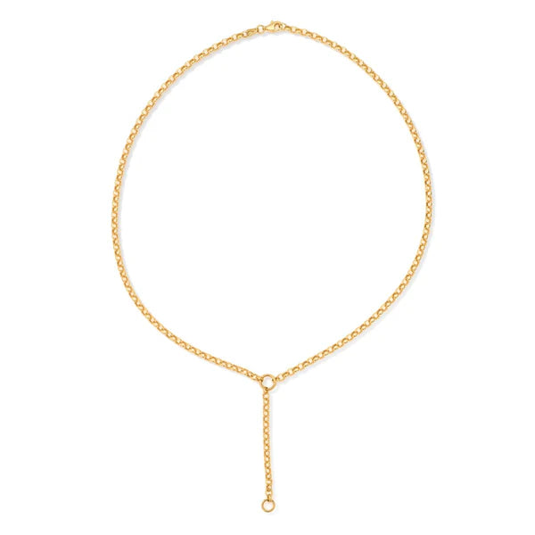 The Adina Reyter Rolo Chain Lariat Necklace features a simple 14k yellow gold Y-shaped design with a circular clasp and vertical drop ending in a small ring for a minimalist, elegant look.