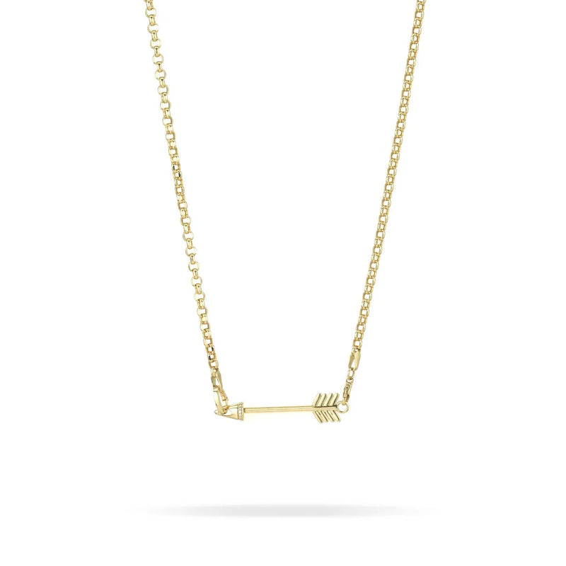 The Adina Reyter Diamond Arrow Hinged Charm for Mini Beads is shown centered on a fine chain with simple links and mini beads, displayed against a plain white background.