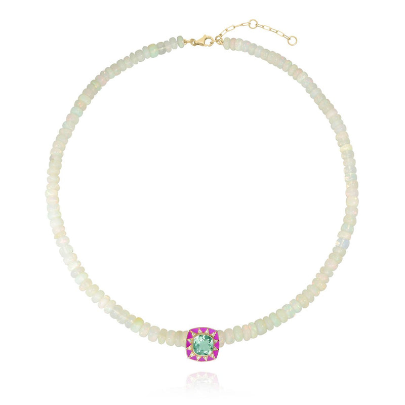 Stella white Opale stone necklace, fuchsia pendant, diamonds and green Amethyst