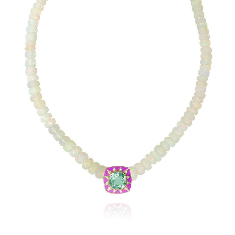 Stella white Opale stone necklace, fuchsia pendant, diamonds and green Amethyst