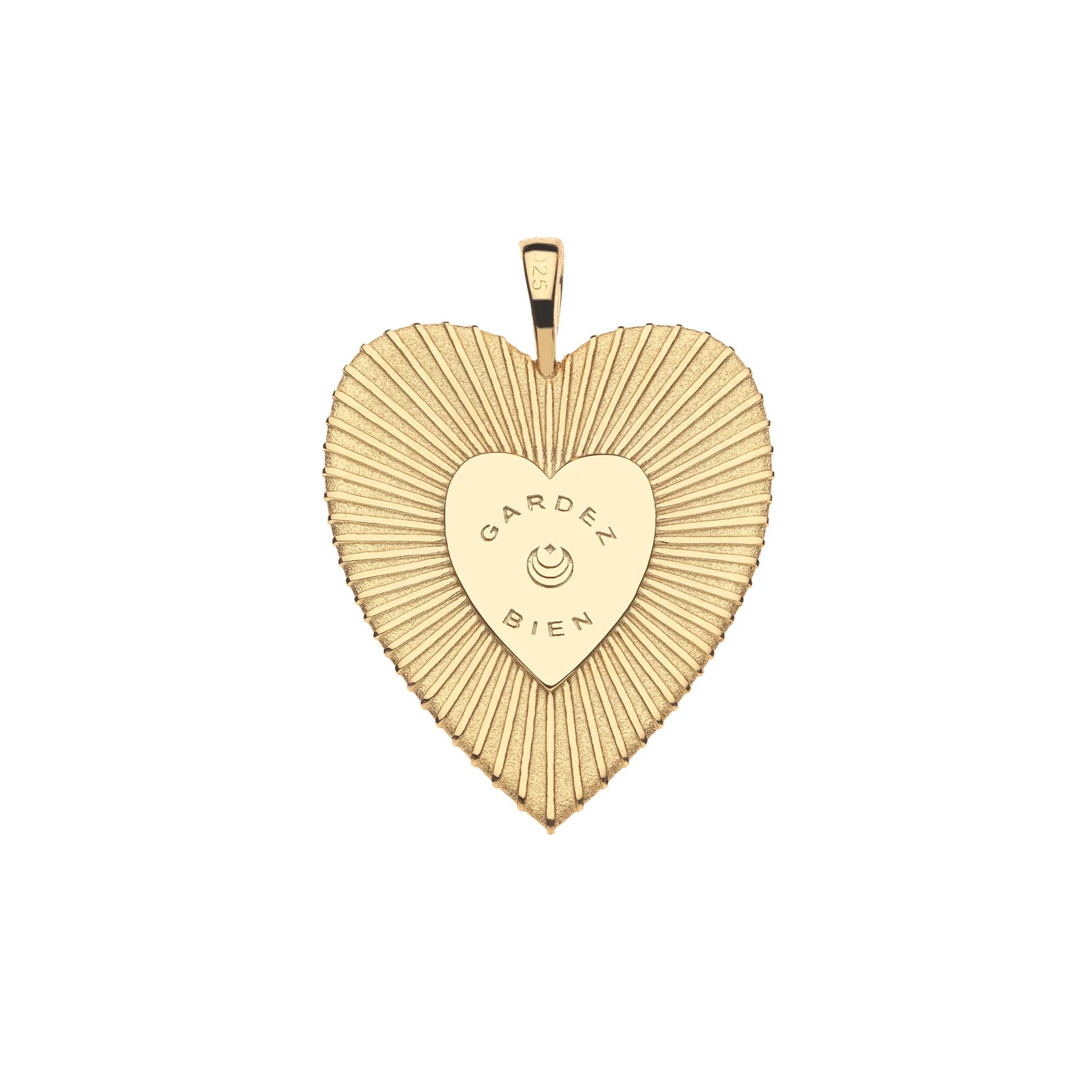 The Jane Win PROTECT Eye On Your Heart Pendant is a gold heart with a textured radiating pattern, GARDEZ BIEN engraved above a curved design, and a top bail for your chain—evoking classic evil eye protection.
