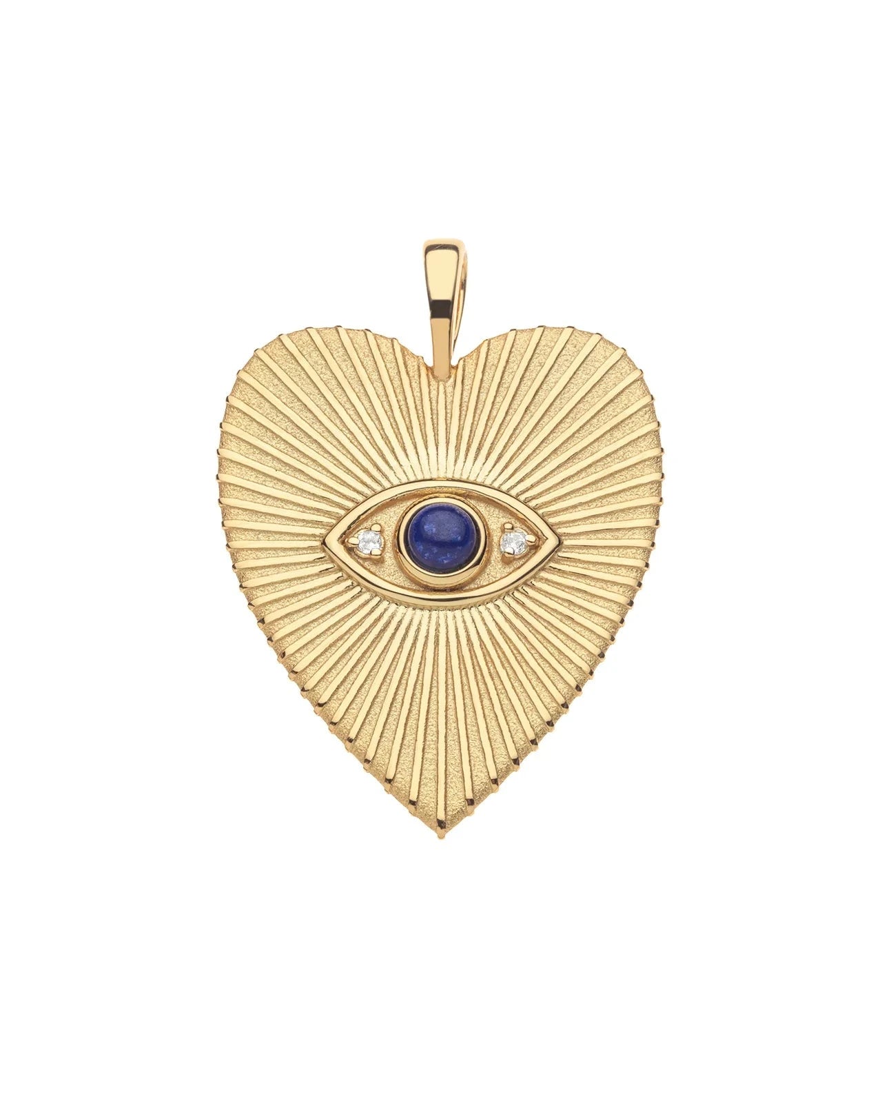The Jane Win PROTECT Eye On Your Heart Pendant is a gold heart with radiating lines, showcasing an evil eye at the center with a blue lapis iris and two small white stones flanking the eye.