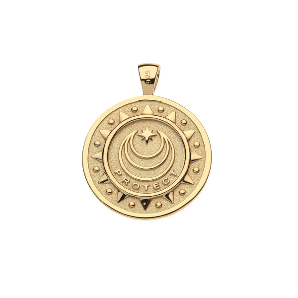 The Jane Win PROTECT Ancient Eye Pendant is a round gold piece with a central crescent moon and star, the word PROTECT encircling it, and engraved triangles and circles around the outer edge.