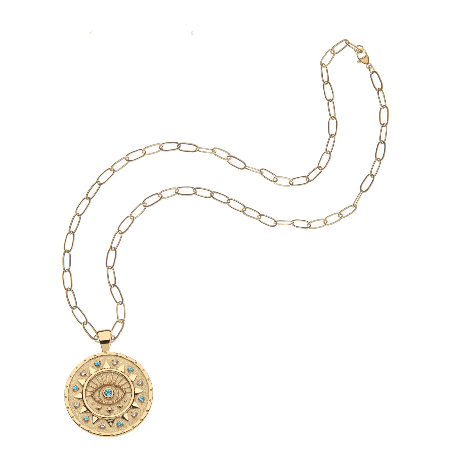 The Jane Win PROTECT Ancient Eye Pendant is a limited edition gold necklace featuring an intricate circular evil eye design with a central blue motif, sparkling blue sapphires, and crystal accents on an elongated link chain.