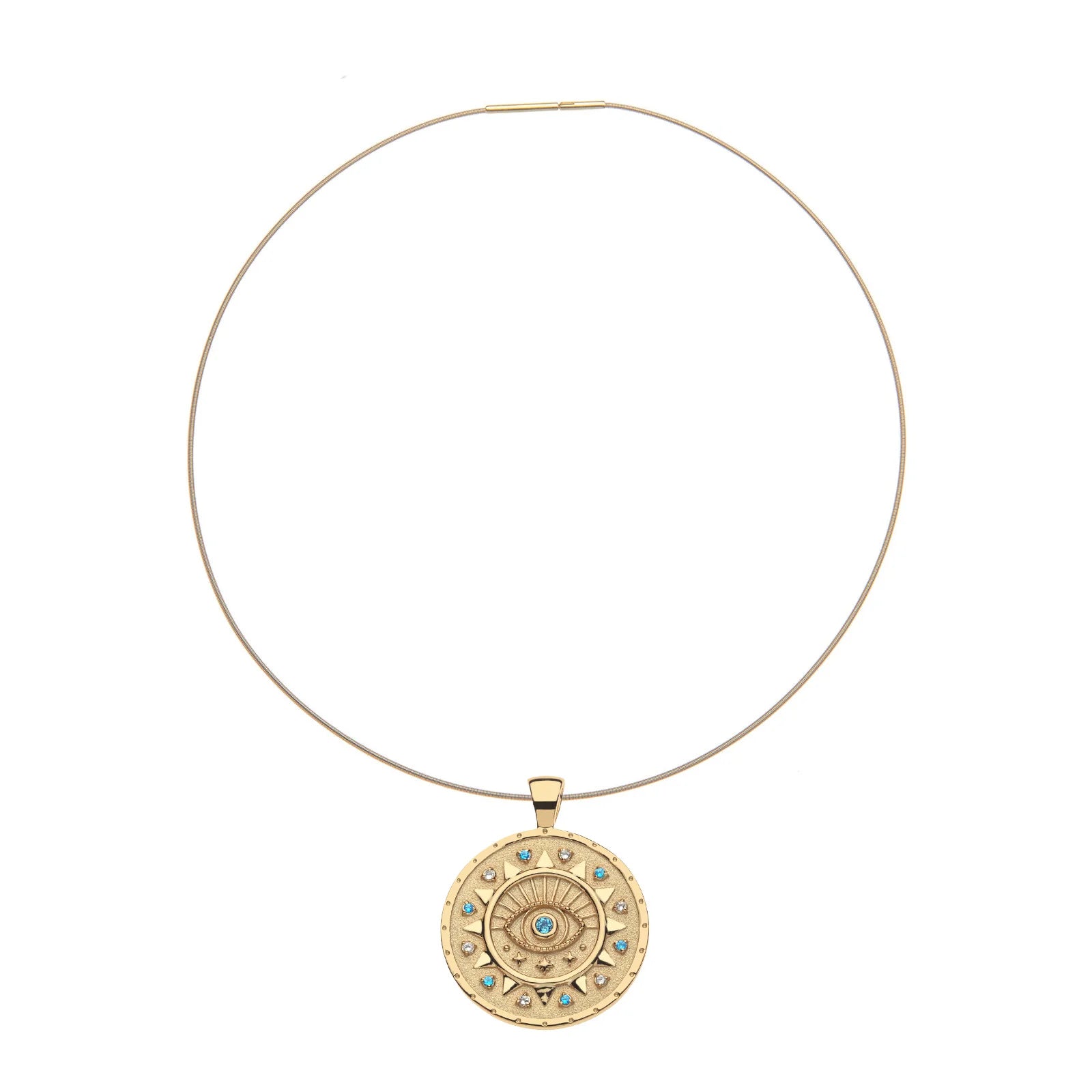 The Jane Win PROTECT Ancient Eye Pendant is a slim gold choker necklace with a bold, round evil eye pendant embellished with concentric designs and sparkling gemstones, including blue sapphires at the center.