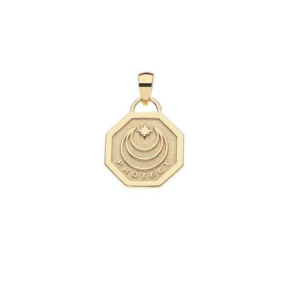 The Jane Win PROTECT Evil Eye Petite Embellished Pendant is a gold octagonal pendant with a crescent moon, star, and PROTECT inscription, featuring a smooth bail for necklaces. This limited edition blends style and meaning.