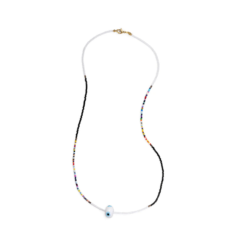 The Helena Eye Necklace by Aaron Basha, from the Small Abracadabra Series 5 collection, showcases an elegant mix of black, white, and colorful beads. It features a central egg-shaped light blue bead with a darker blue eye-like spot and offers a simple clasp closure for easy wear.