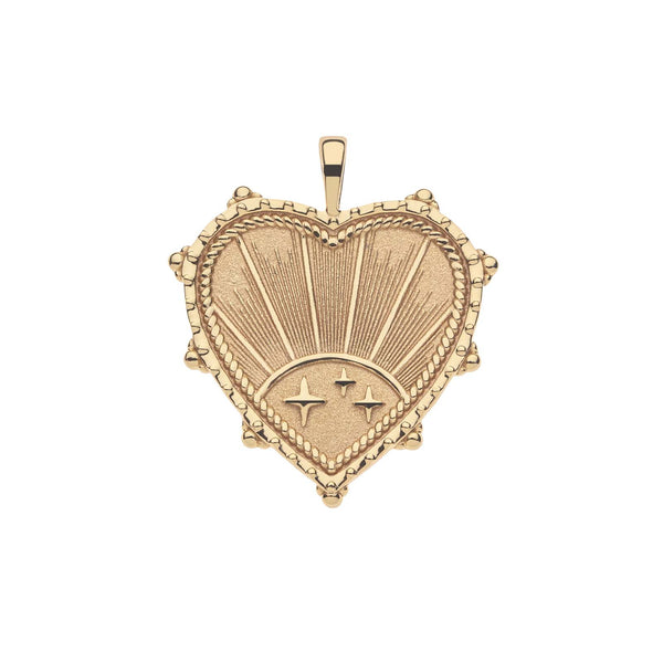 The STRONG JW Heart Pendant by Jane Win showcases a heart-shaped allure with intricate sunburst rays and star motifs, all crafted in 14k Gold-Plated Sterling Silver. It features a textured border that embodies the elegance of a rising sun design.