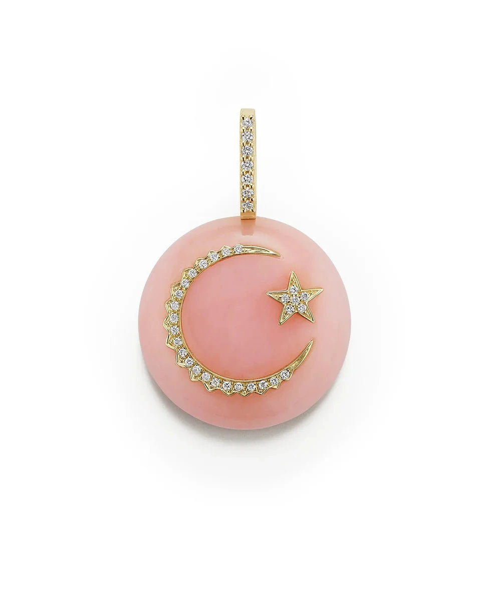 Round Moon & Star Cabochon Pendant-Pink Opal