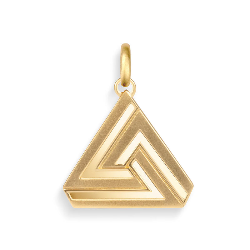 The Small Abracadabra Triangle Simple Series 1 by Aaron Basha is a geometric gold pendant featuring interlocking shapes and a polished finish, symbolizing empowerment. It includes a loop for easy attachment to your chain, making it part of an elegant necklace.